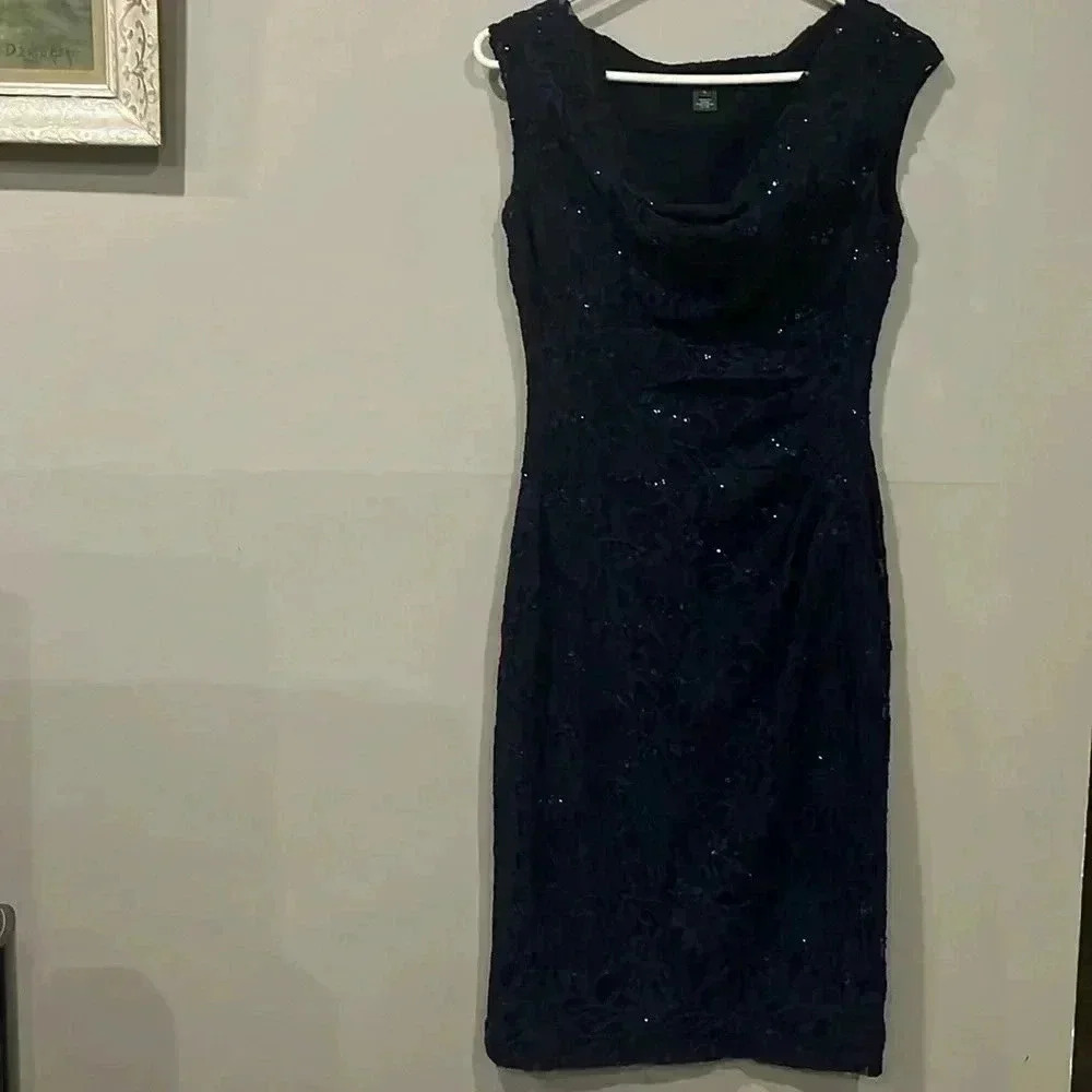 [US2]LRL Ralph Lauren Blue Sequins Laced Knee Length  Sleeveless Dress